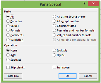 Excel Paste Special box