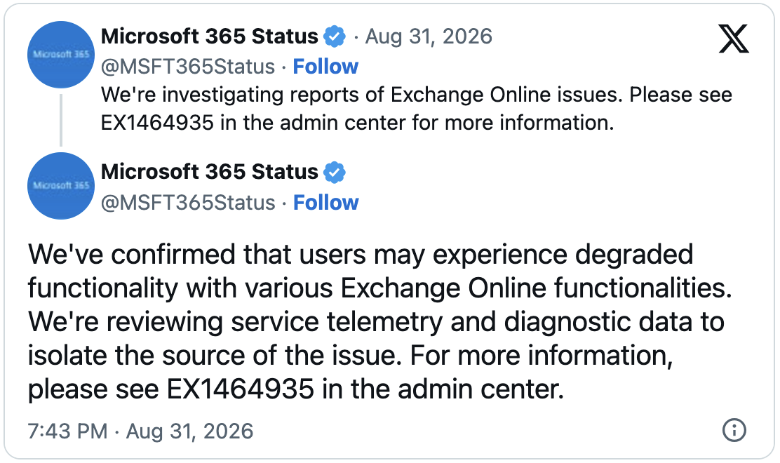 Exchange Online outage tweet