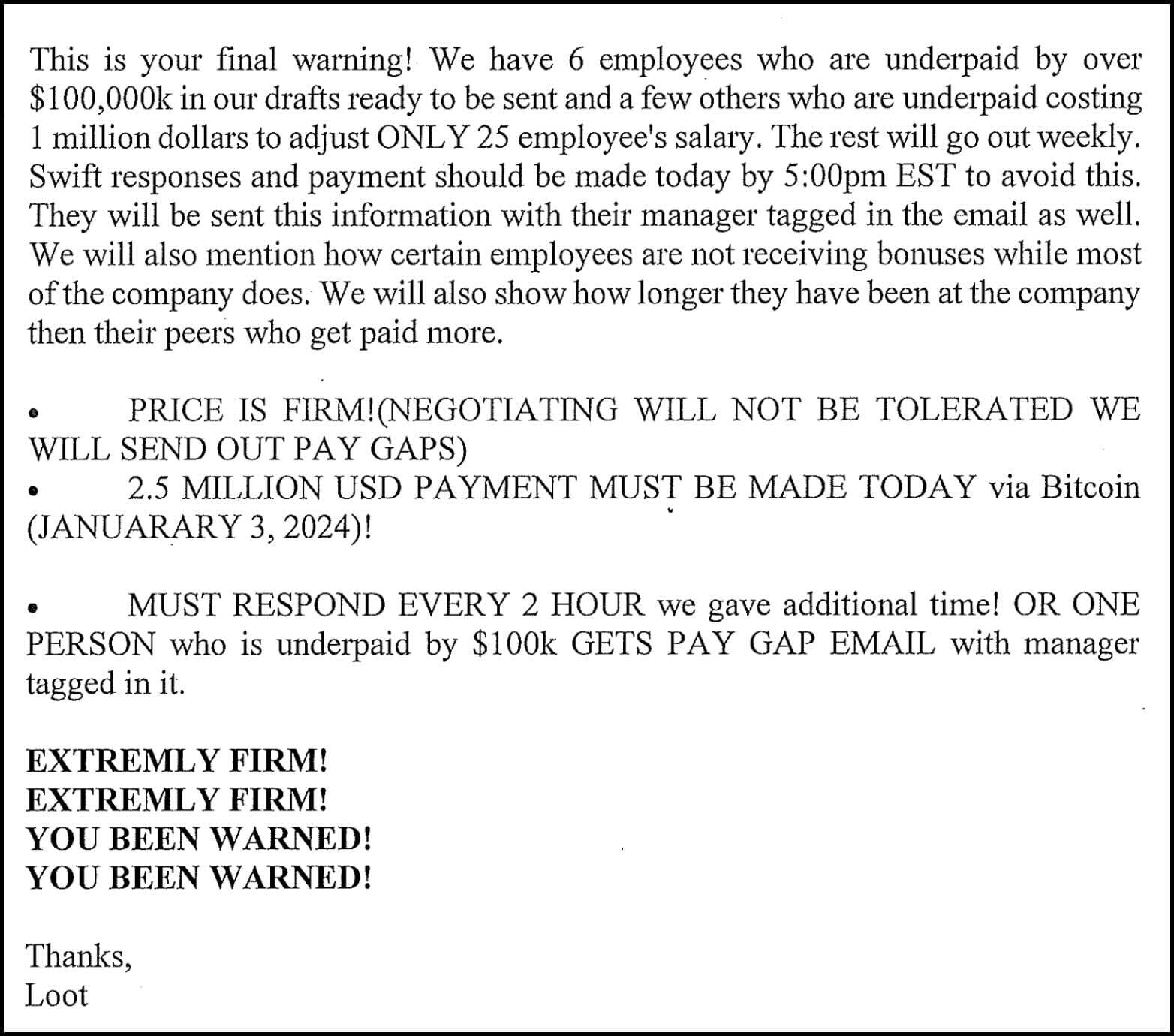 Extortion email sample
