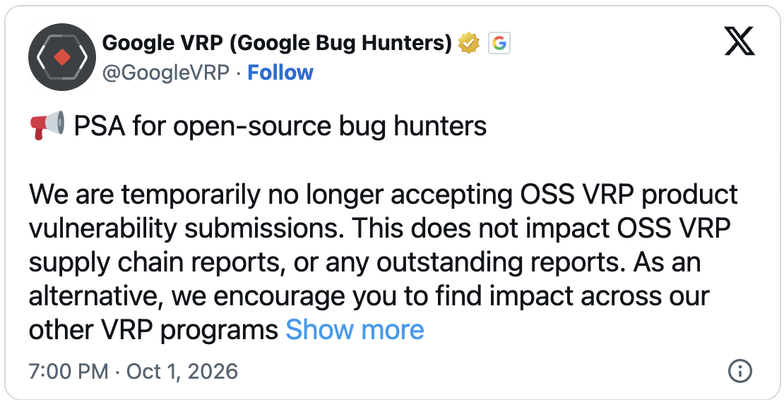 Google OSS VRP freeze