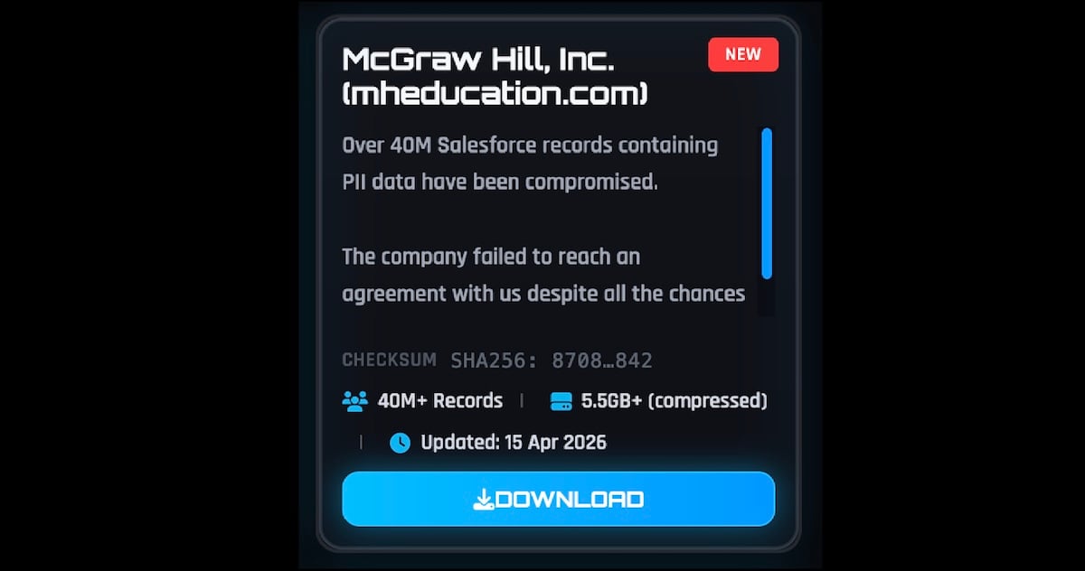 McGraw Hill entry on ShinyHunters' extortion portal