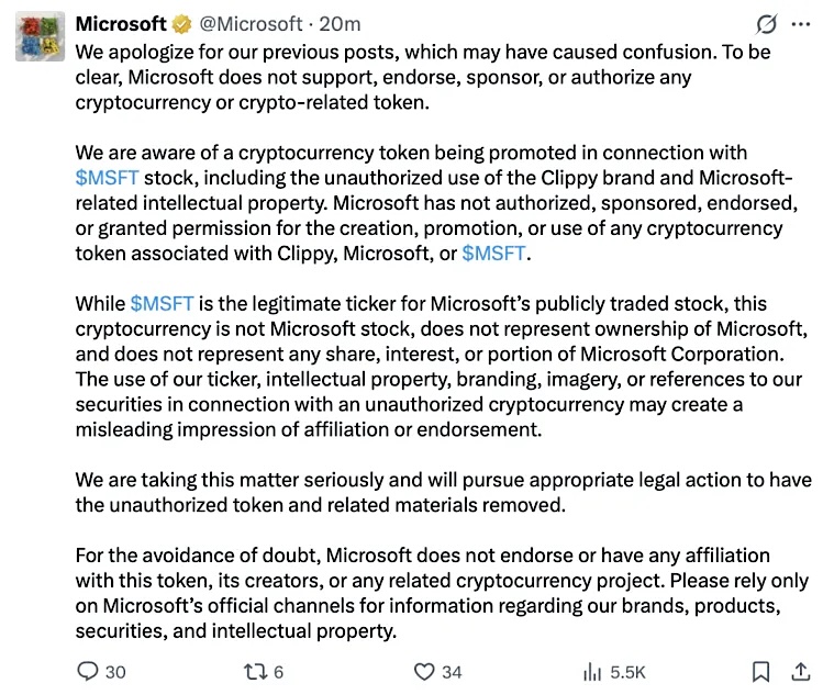 Microsoft's apology post after its X account was hacked
