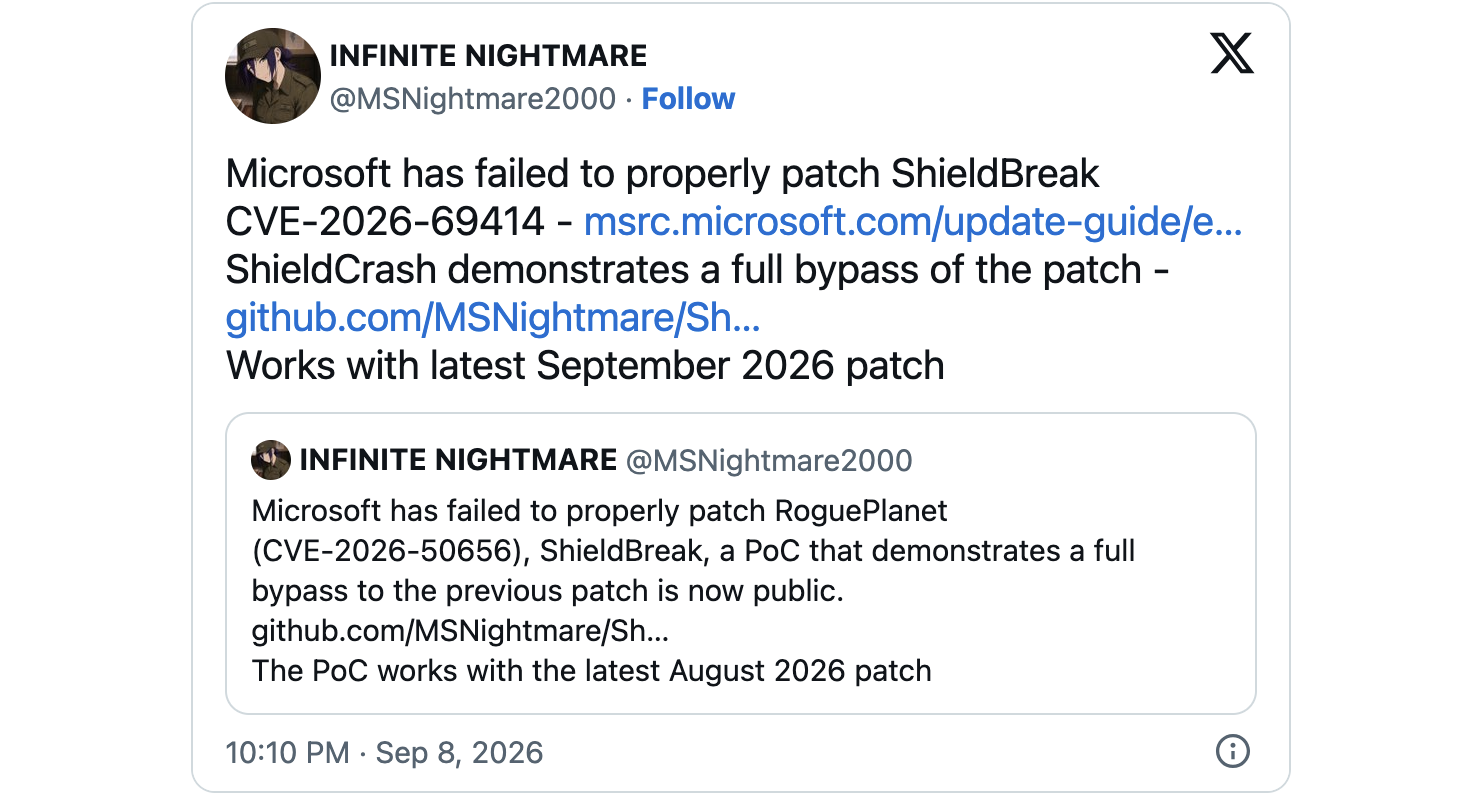 Nightmare Eclipse ShieldCrash Defender zero-day