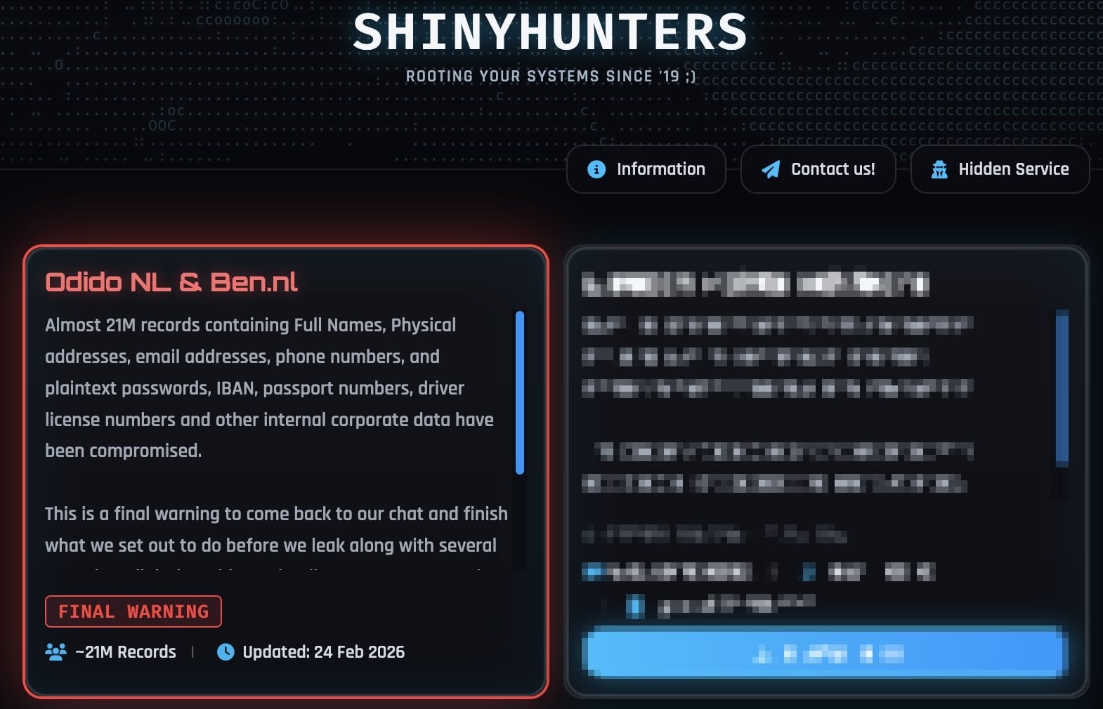 Odido entry on ShinyHunters leak site