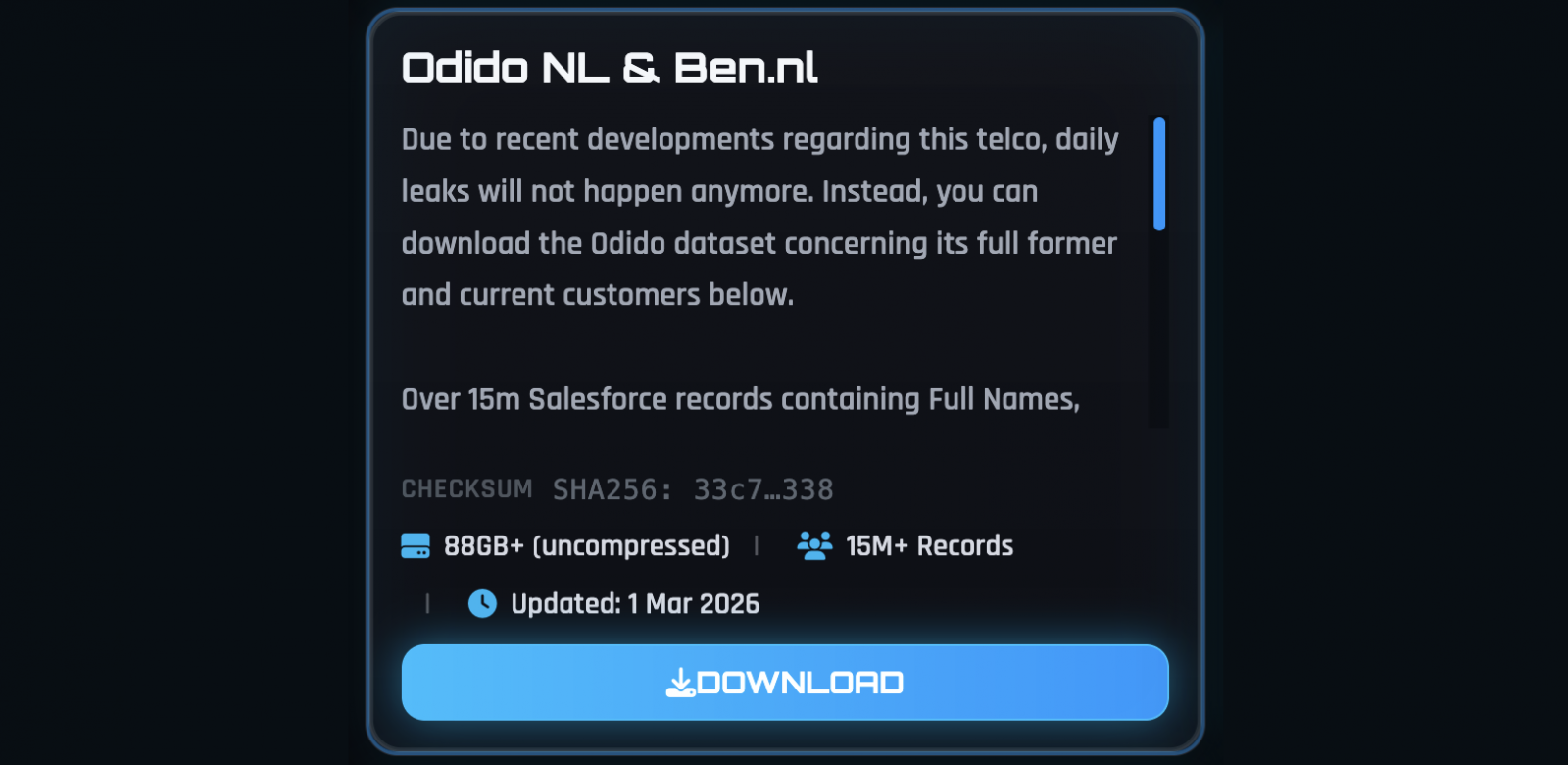 Odido entry on ShinyHunters website