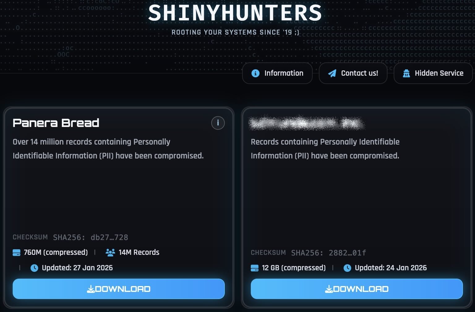 Panera Bread entry on ShinyHuntes leak site