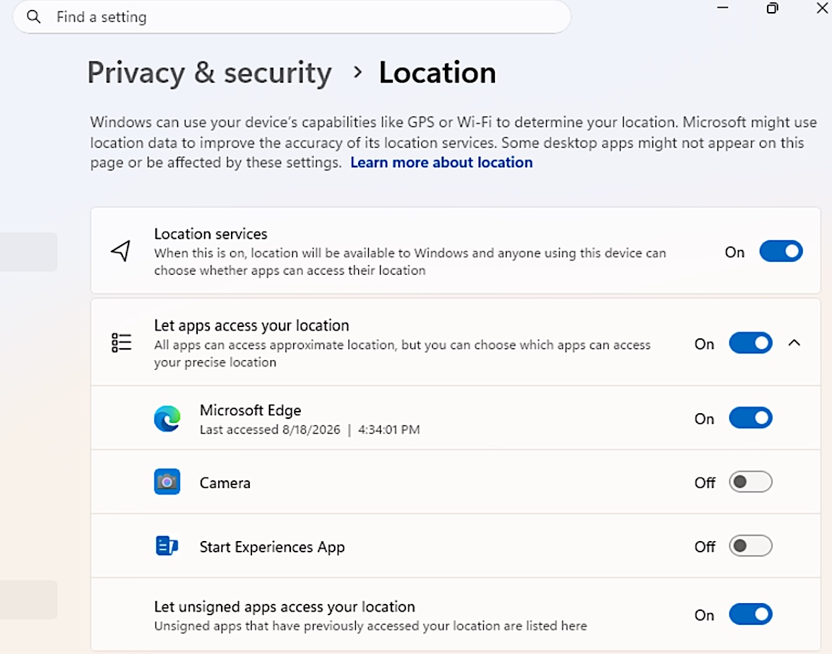 Windows 11 granular location privacy controls