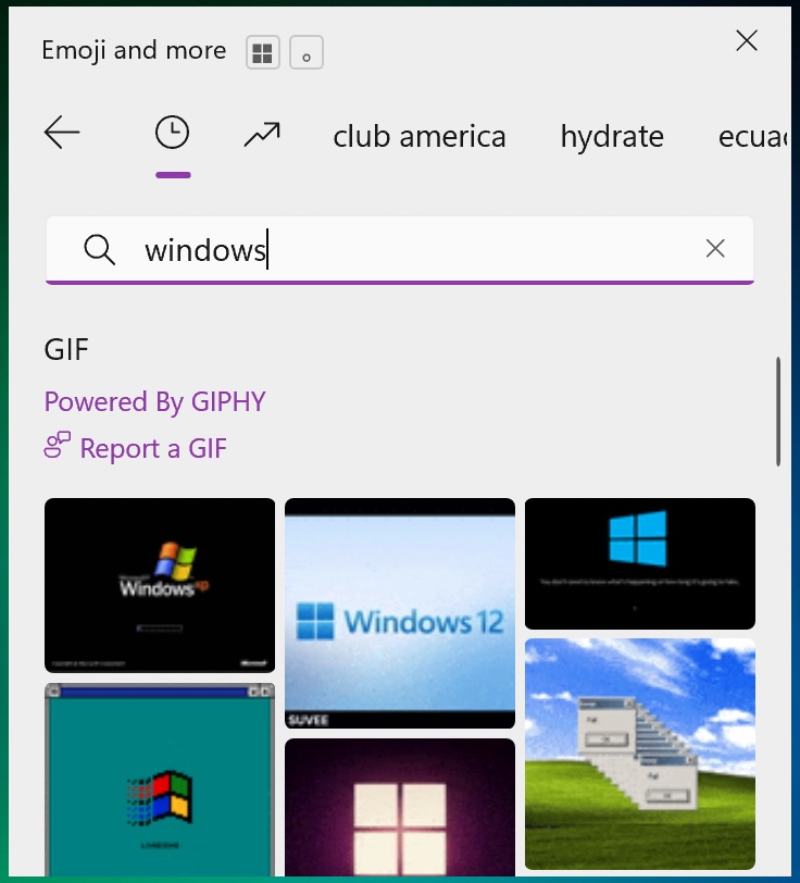 Windows emoji panel powered by GIPHY