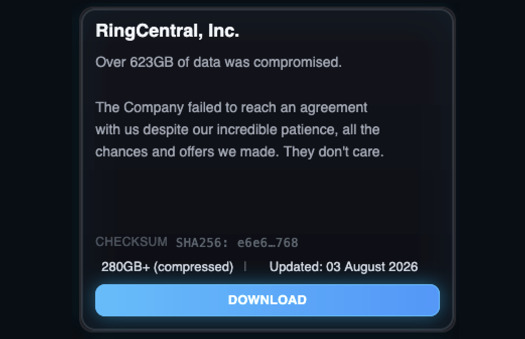 RingCentral entry on ShinyHunters' data leak site