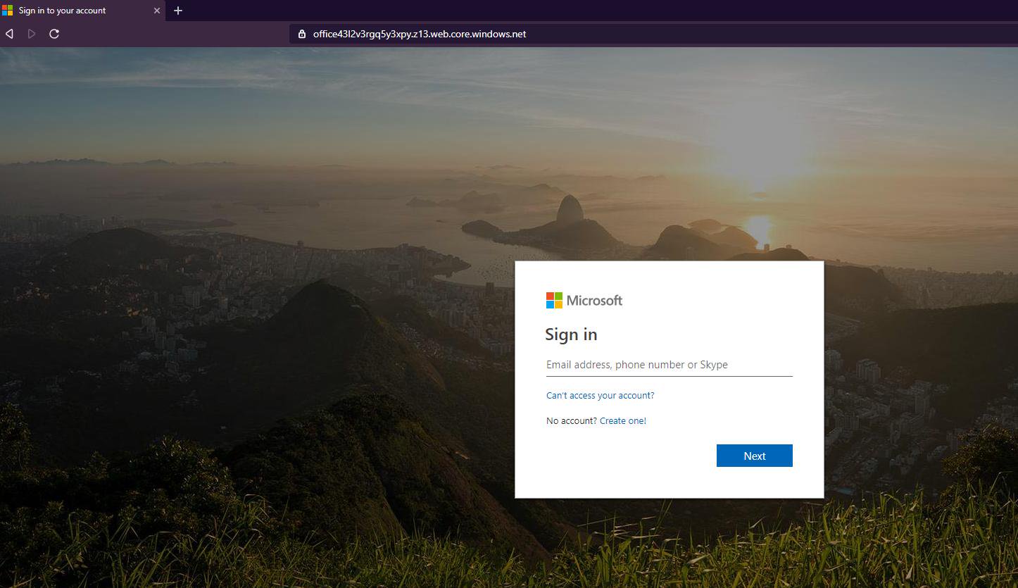 Página de inicio de phishing de cuenta de Microsoft