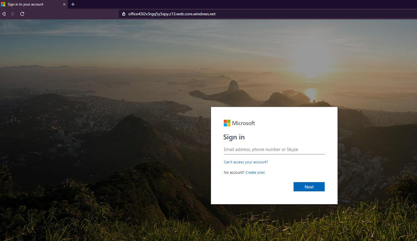 Microsoft account phishing landing page