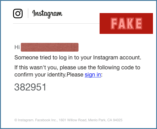 Instagram phishing email sample