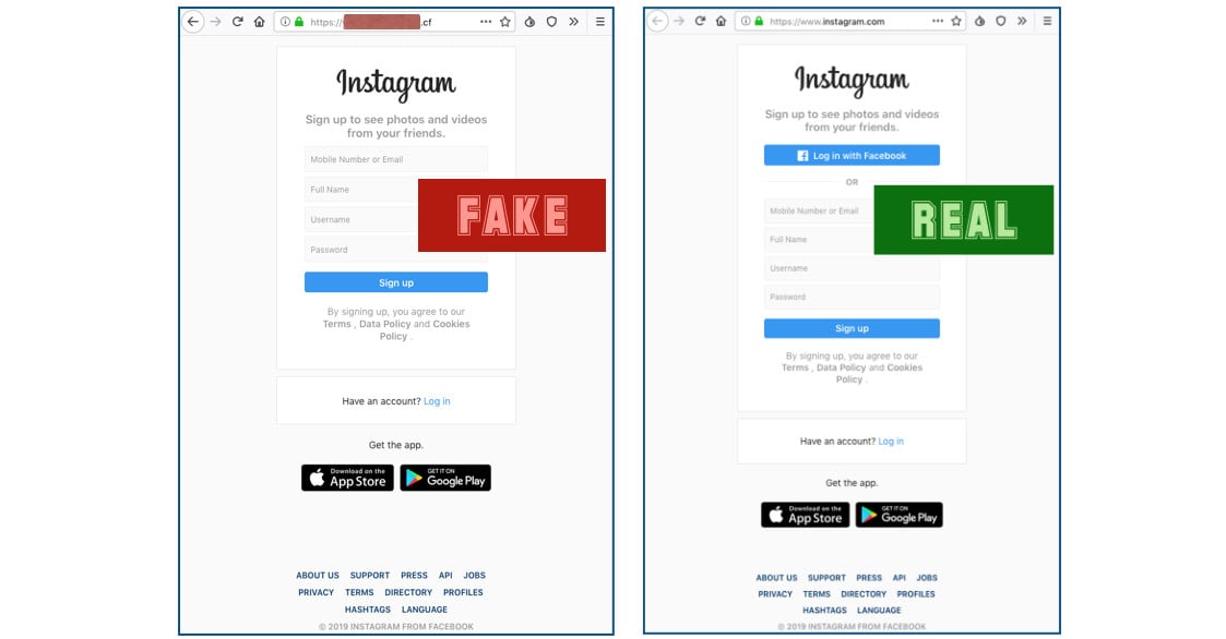 Phishing page vs Instagram login page