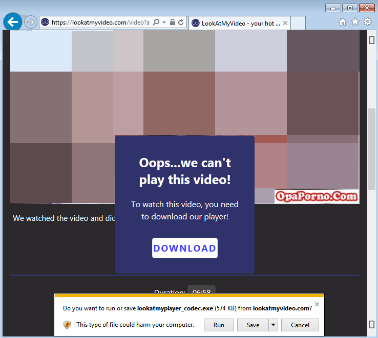 Decoy adult site pushing fake video codec