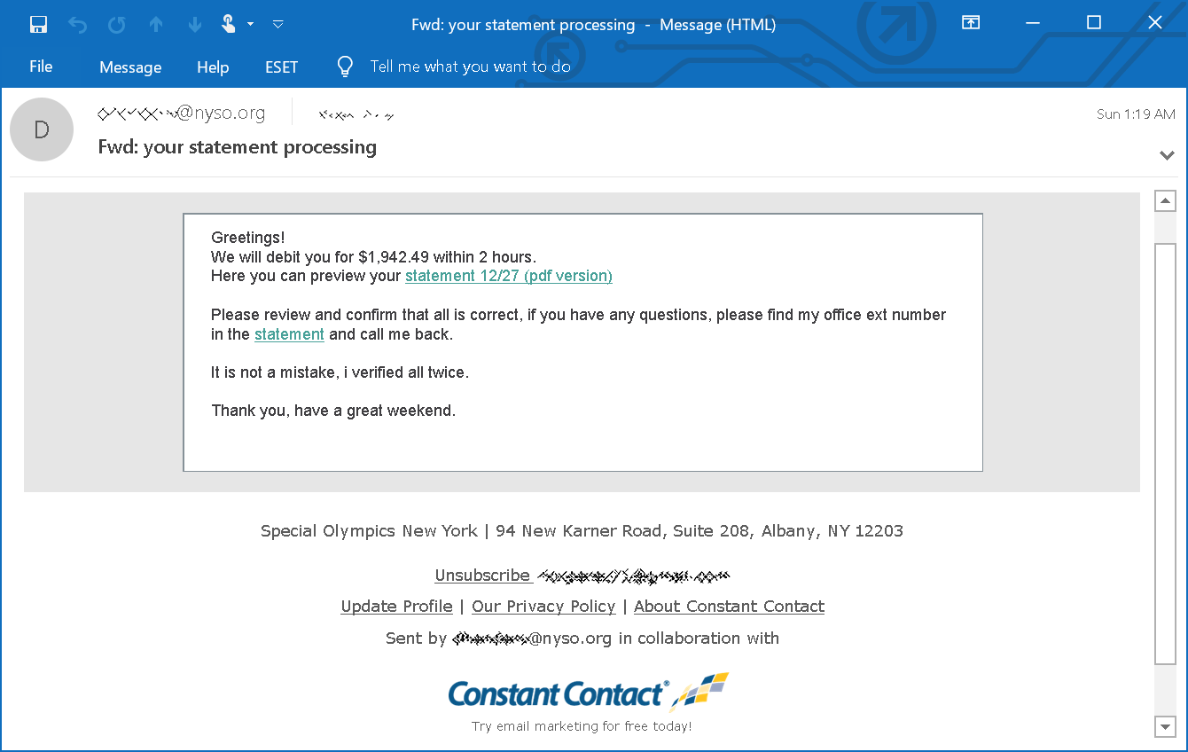 Phishing email sample
