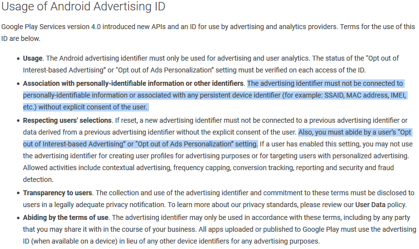 Google Play Store Advertising ID policy guidance