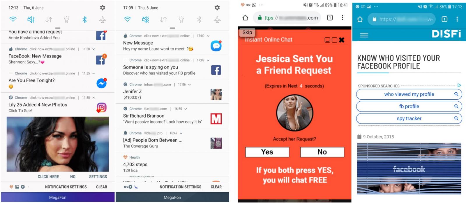 Spam push notifications and the scam sites they redirect to