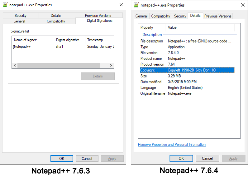 Code signing removed in Notepad++ 7.6.4