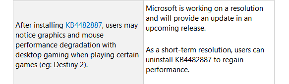 KB4482887 Known issue