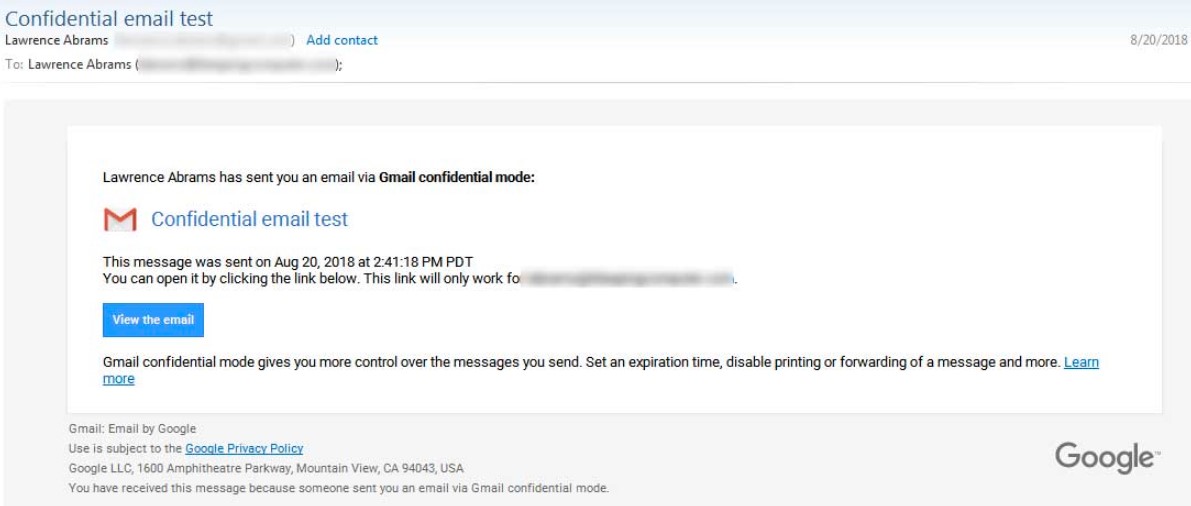 Email sent using confidential mode