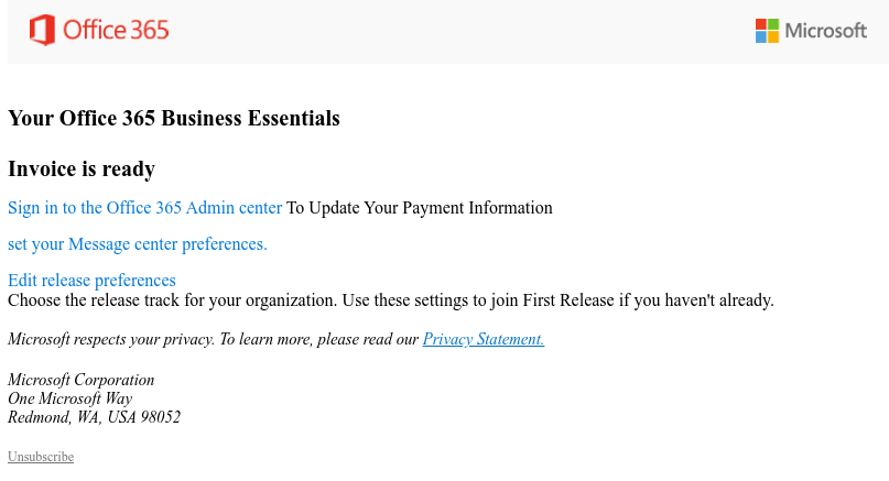 Phishing email sample