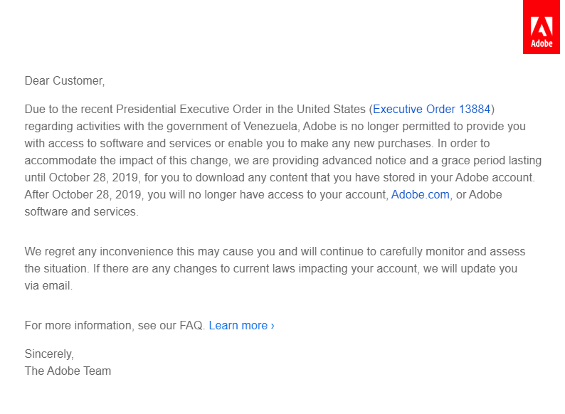 Carta de Adobe explicando su decisión
