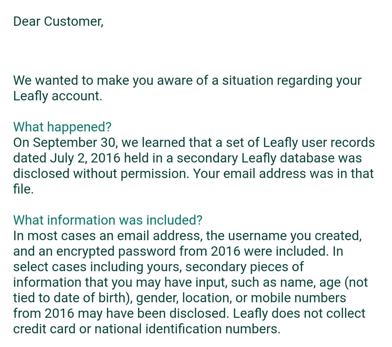 Leafly data leak notification letter