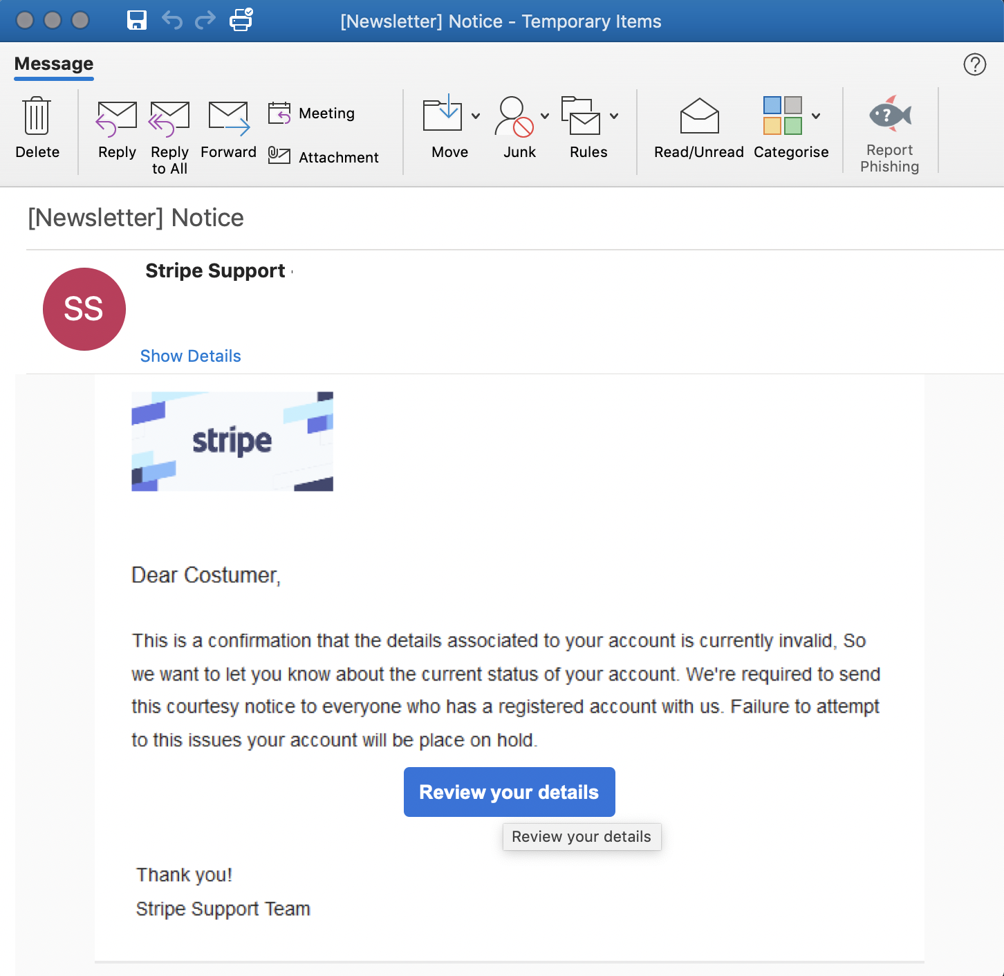 Stripe phishing email