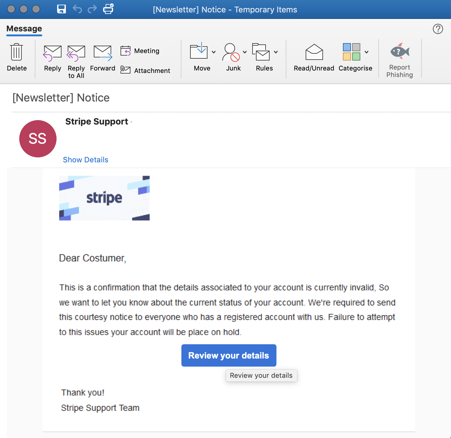 Stripe phishing mail sample