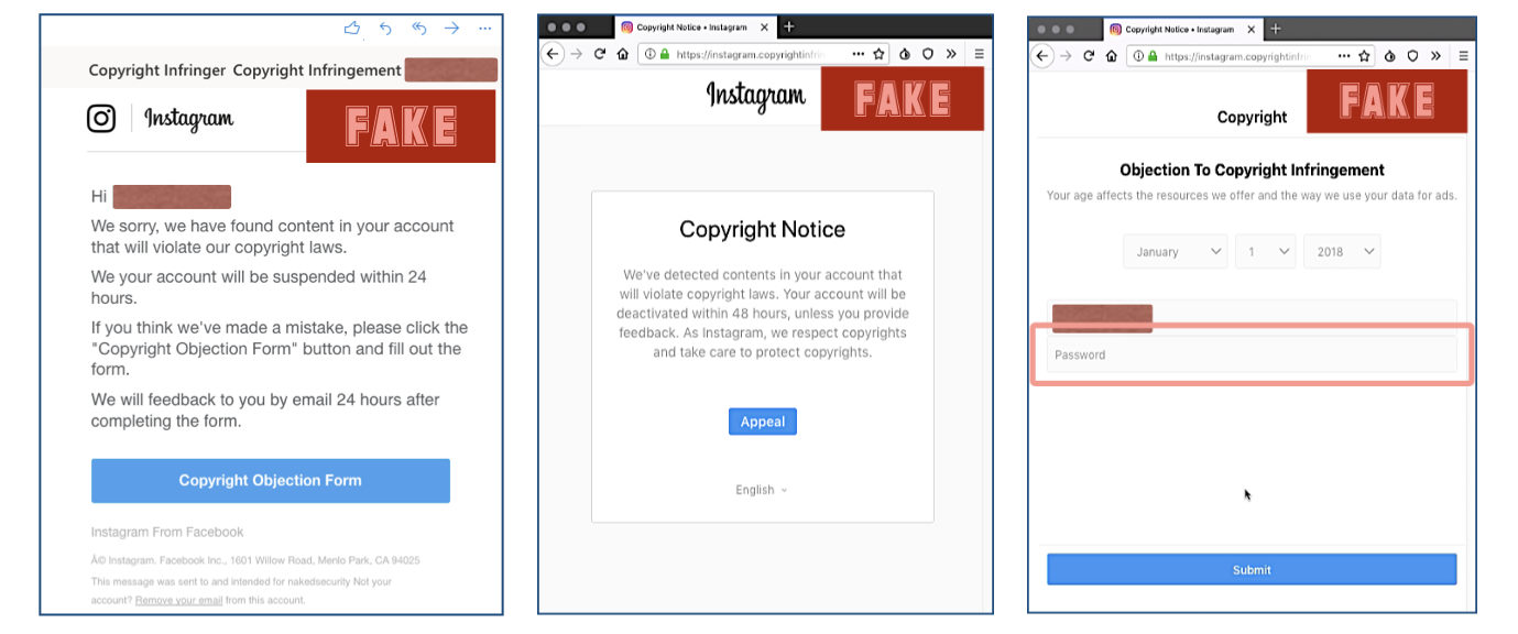 Instagram phishing email, interstitial, and landing page