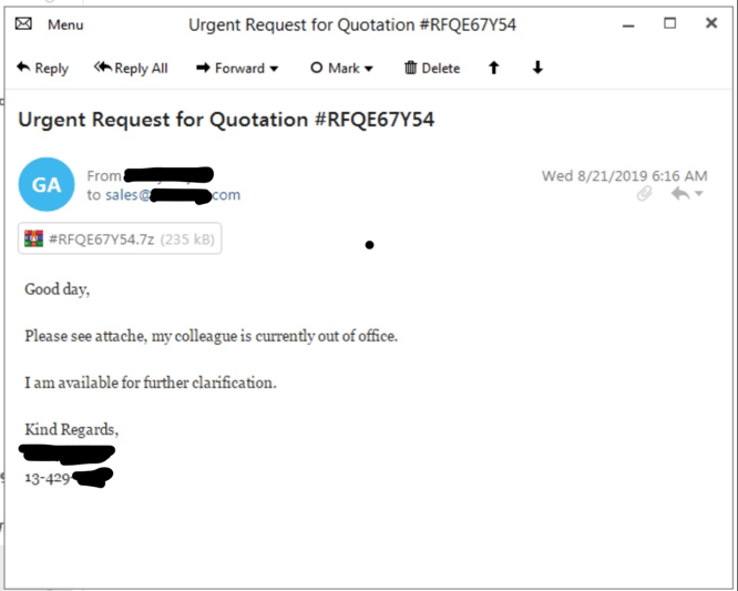 Sample phishing email