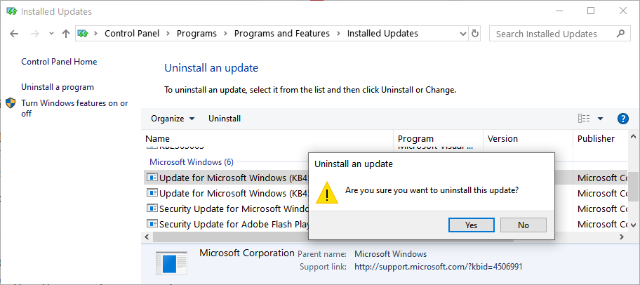 Uninstalling the KB4520062 update