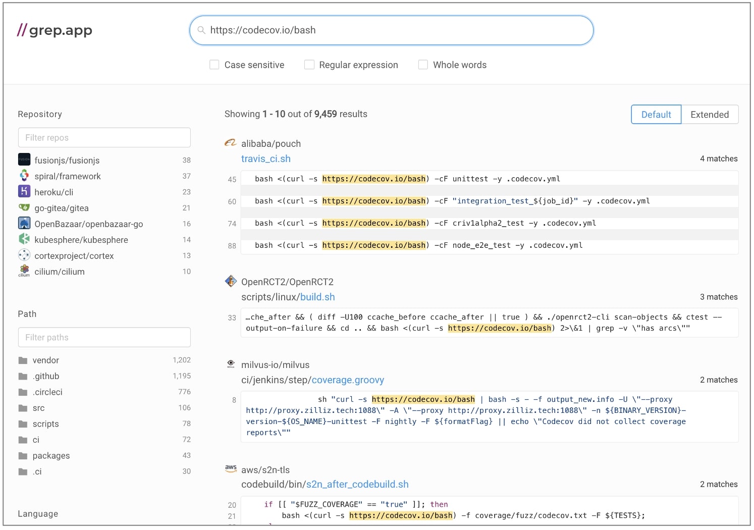 codecov grep.app results