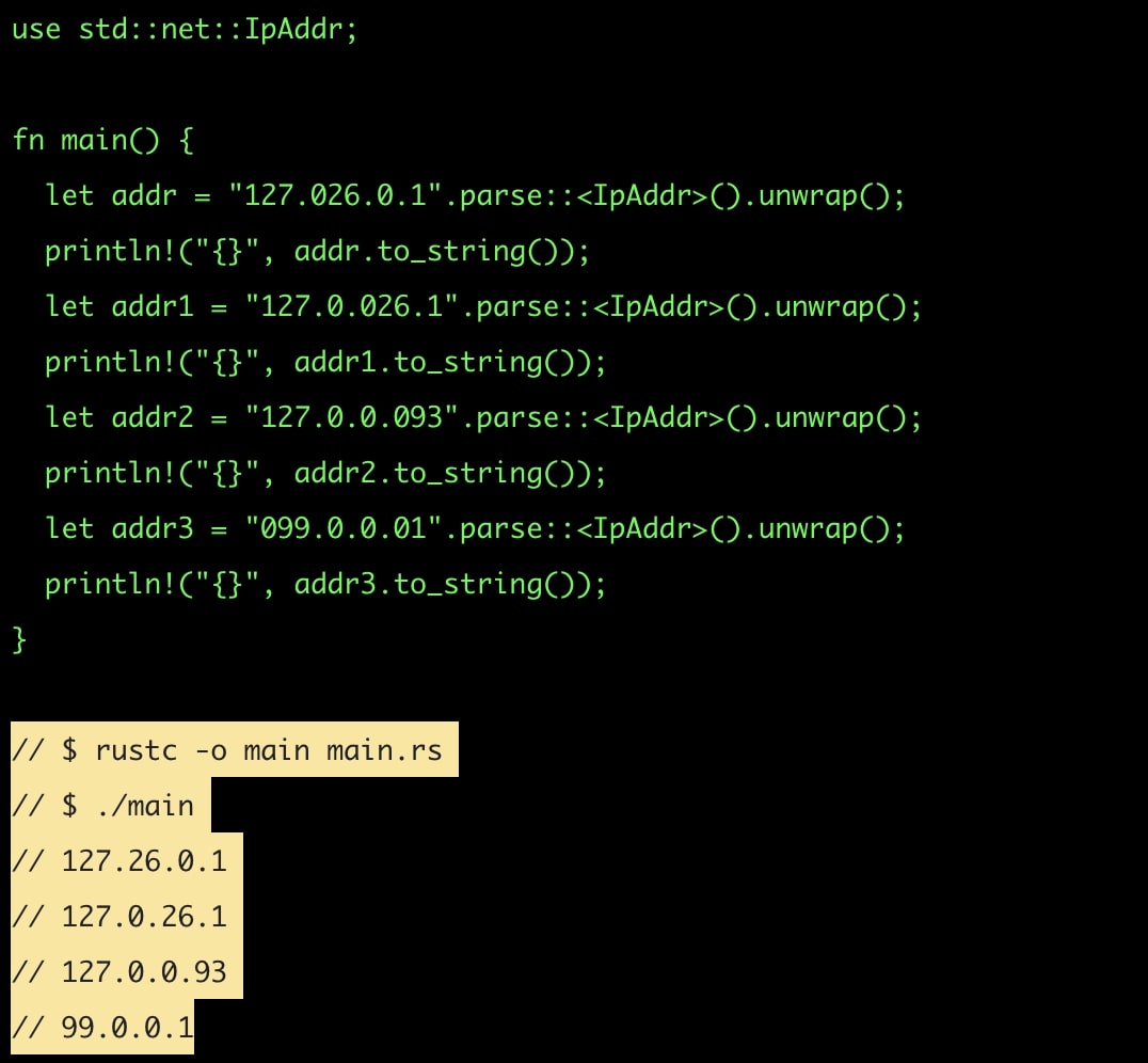 net module in rust incorrectly parses octal IP addresses