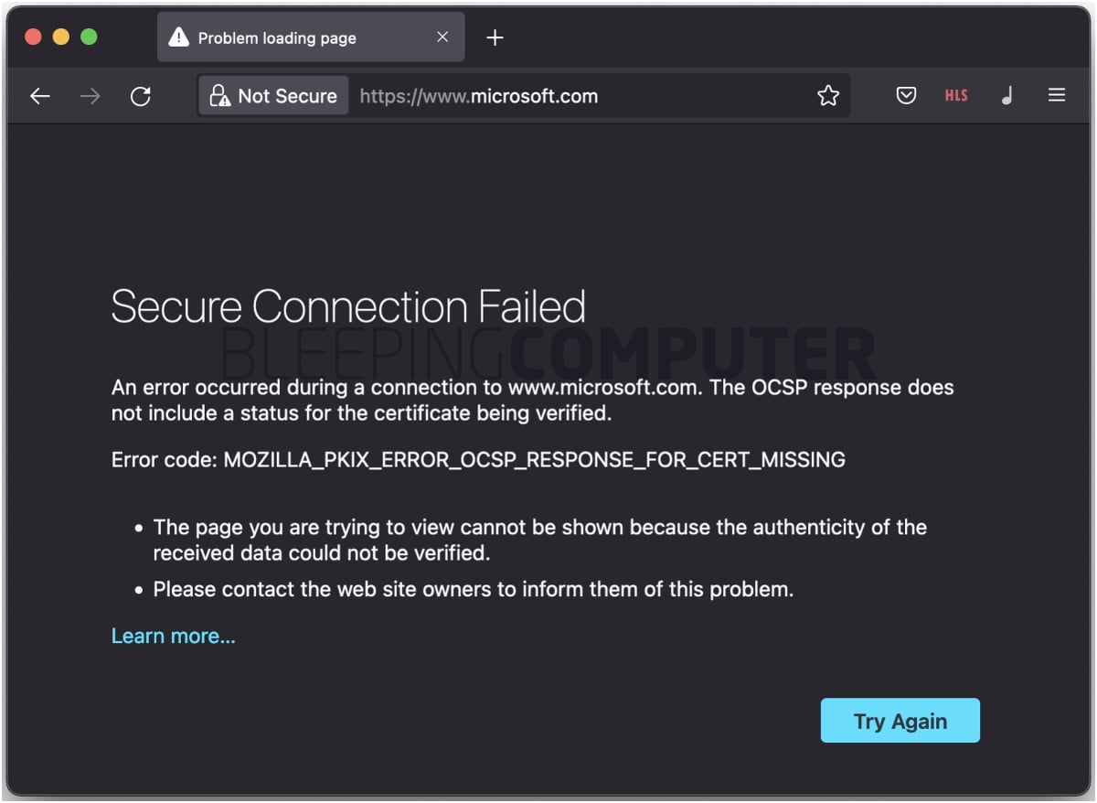 Firefox SSL error Microsoft.com domain