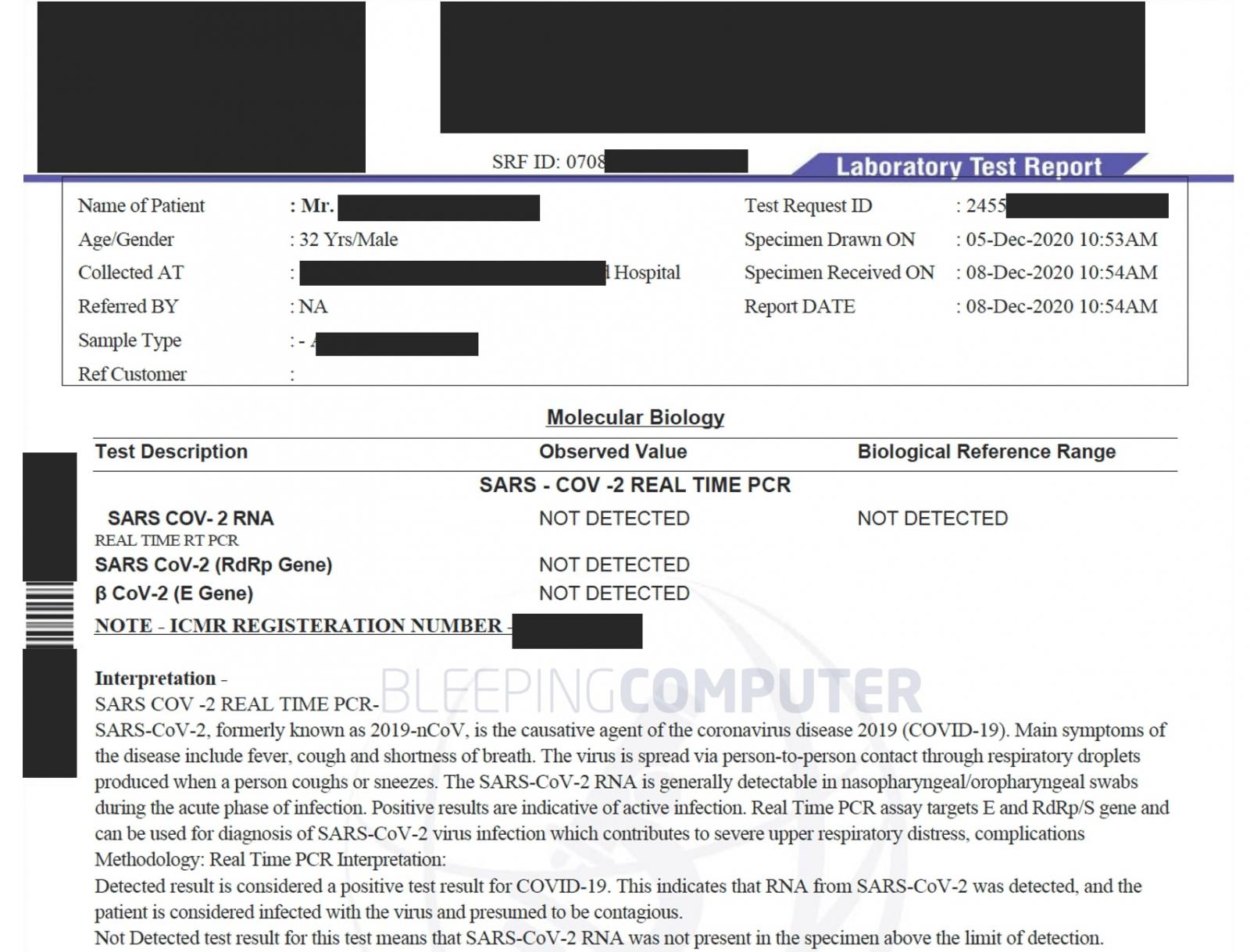 Redacted COVID-19 test report found in leaked PDF