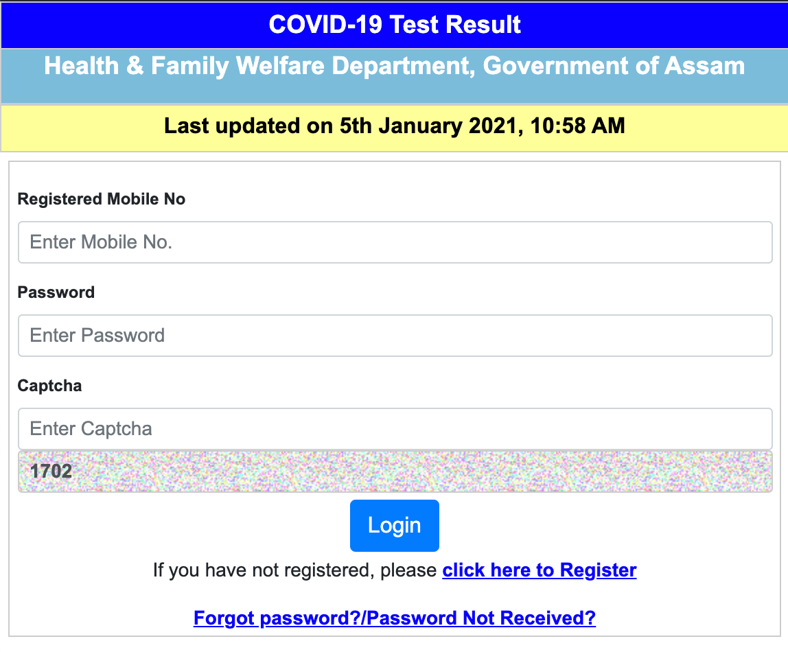 COVID-19 Assam test results portal