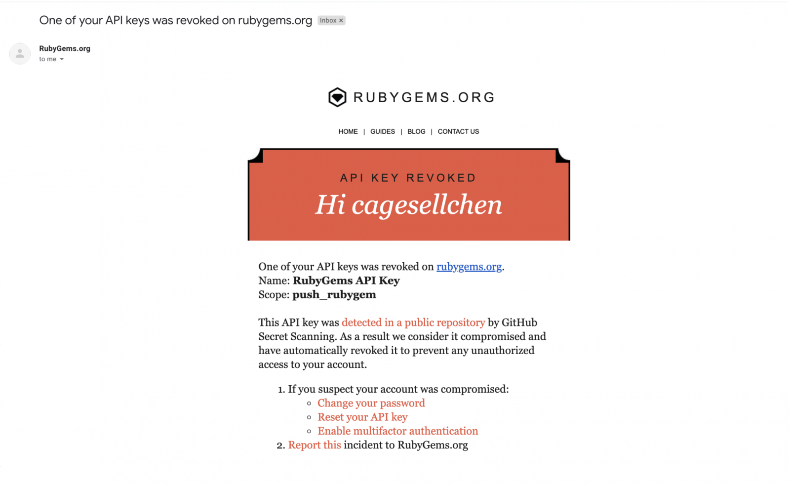 RubyGems email compromised secret