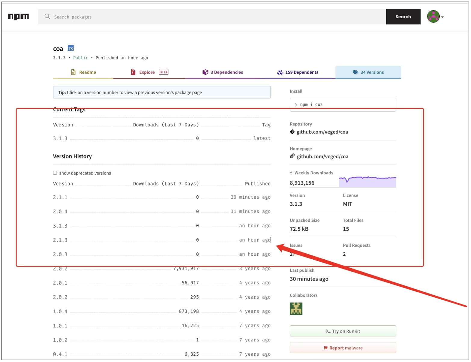 npm coa hacked versions