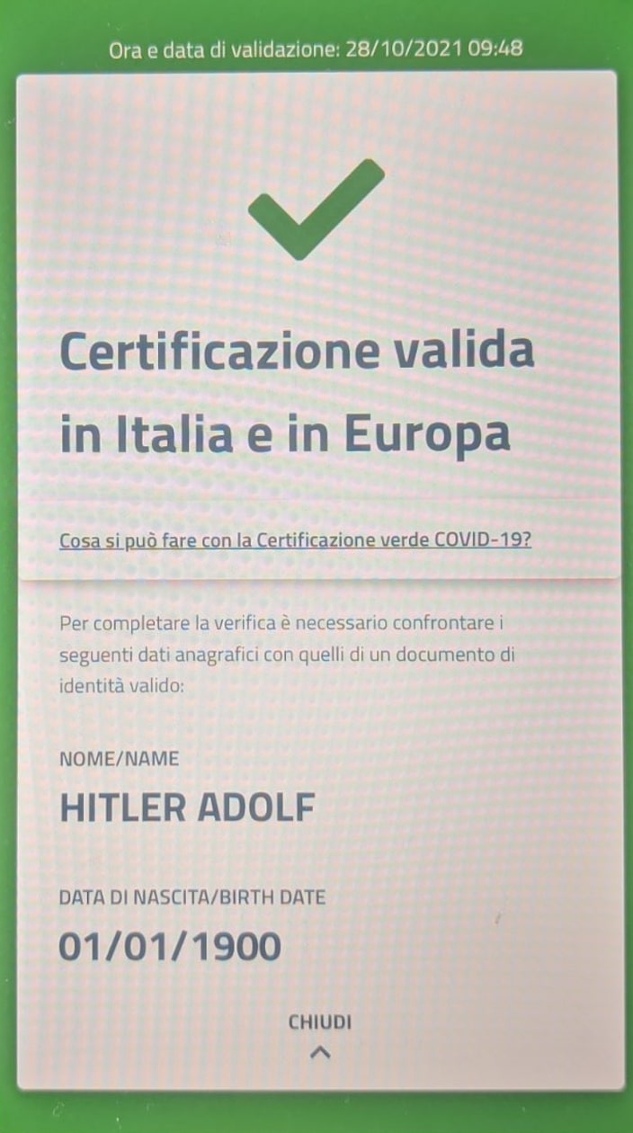 EU Digital Covid Certificate for Adolf Hitler recognized as valid