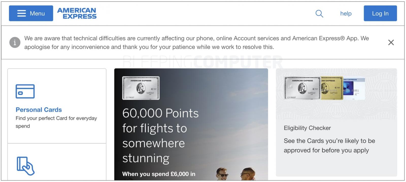 Amex announced on its homepage it was experiencing issues