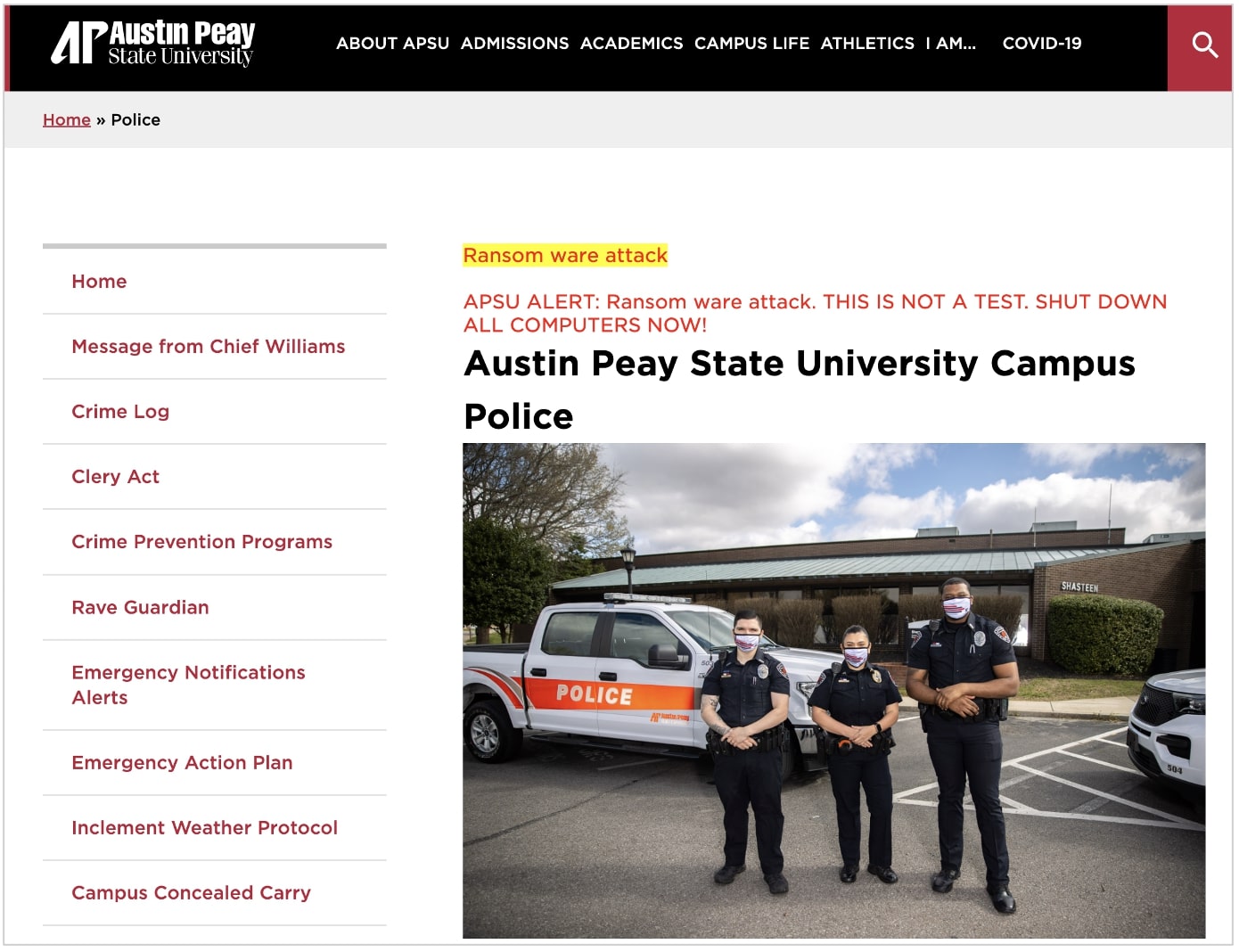 Ransomware alert on university website