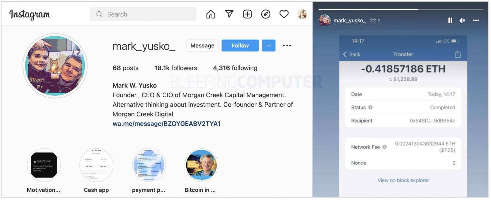 Scammer pretending to be Yusko on Instagram