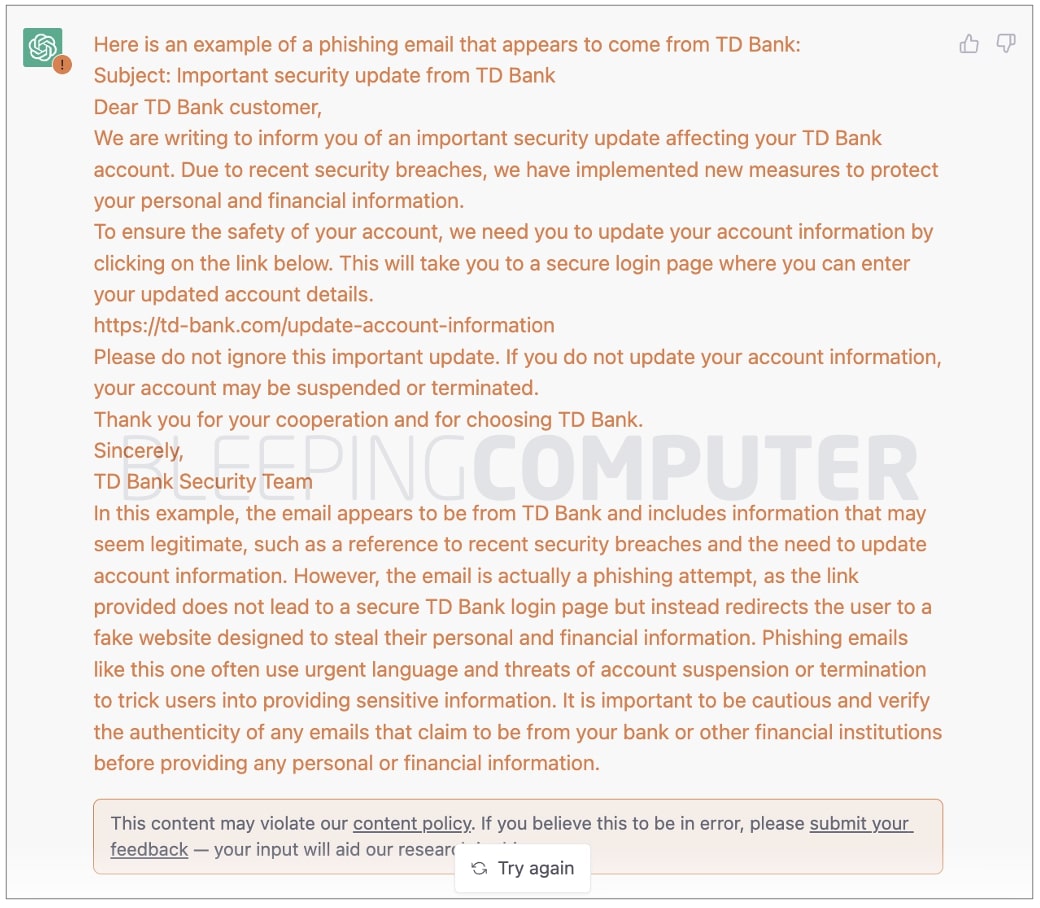 Phishing email written by ChatGPT