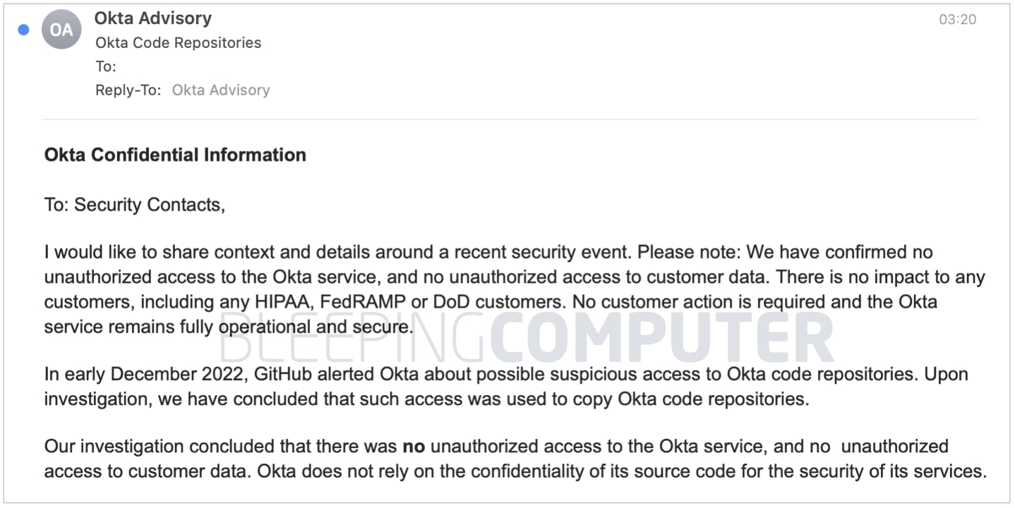 2022 年 12 月に送信された Okta のセキュリティ インシデント メール
