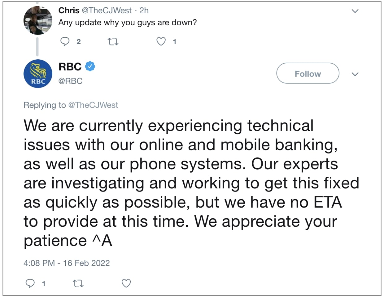 RBC confirms outage