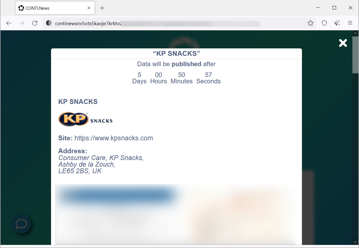 KP Snacks on Conti data leak page