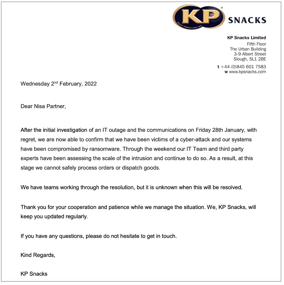 Letter sent by KP Snacks to supermarkets like Nisa